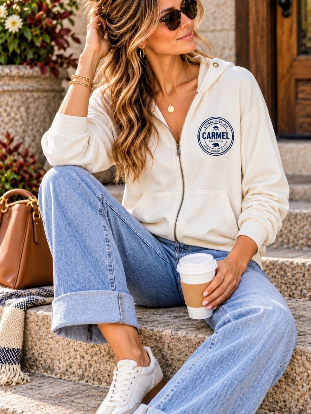 Sport Cream Ivory Carmel California West Coast Zip Hoodie Navy Logo M